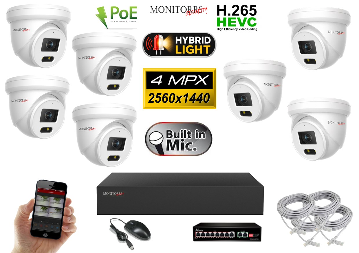 Monitorrs Security IP kamerový set so switchom 7× 4 Mpx PoE Dome – Hybrid Light (6032K7B)