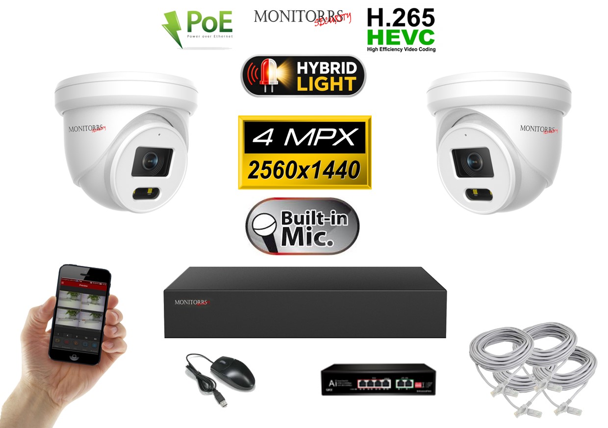 Monitorrs Security IP kamerový set so switchom 2× 4 Mpx PoE Dome – Hybrid Light (6032K2B)