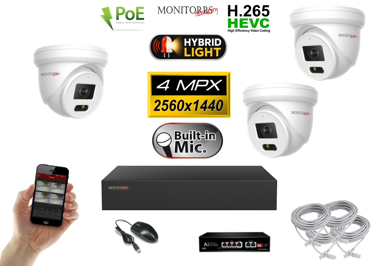 Monitorrs Security IP kamerový set so switchom 3× 4 Mpx PoE Dome – Hybrid Light (6032K3B)