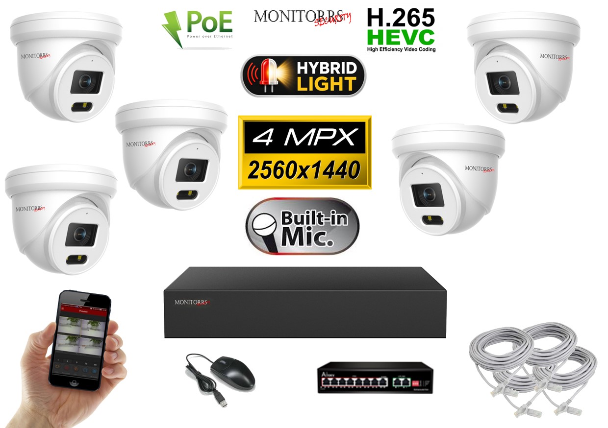 Monitorrs Security IP kamerový set so switchom 5× 4 Mpx PoE Dome – Hybrid Light (6032K5B)
