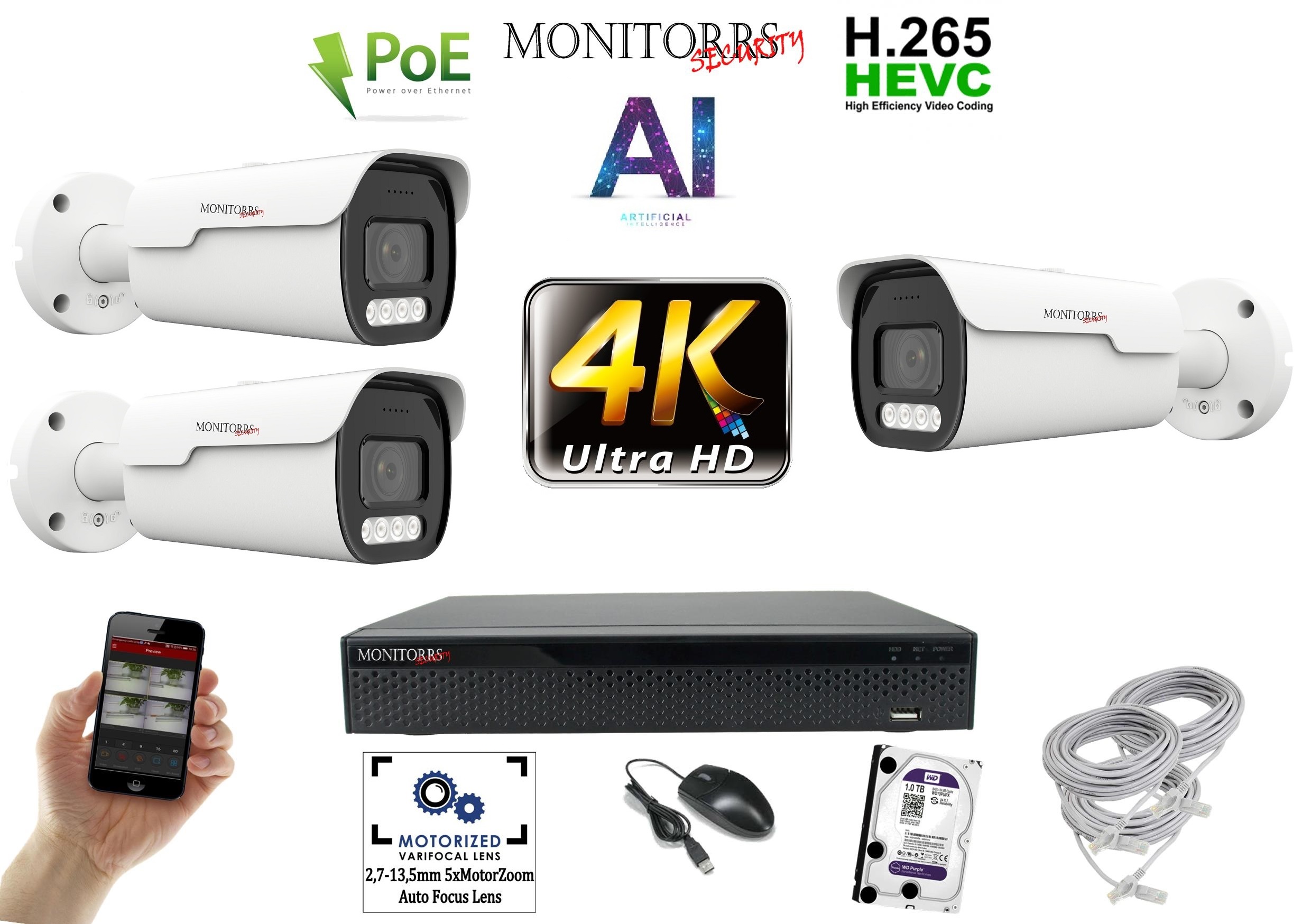 Monitorrs Security 4k park AI IP 3 kamerový set 8 Mpix WTube (6380K3)