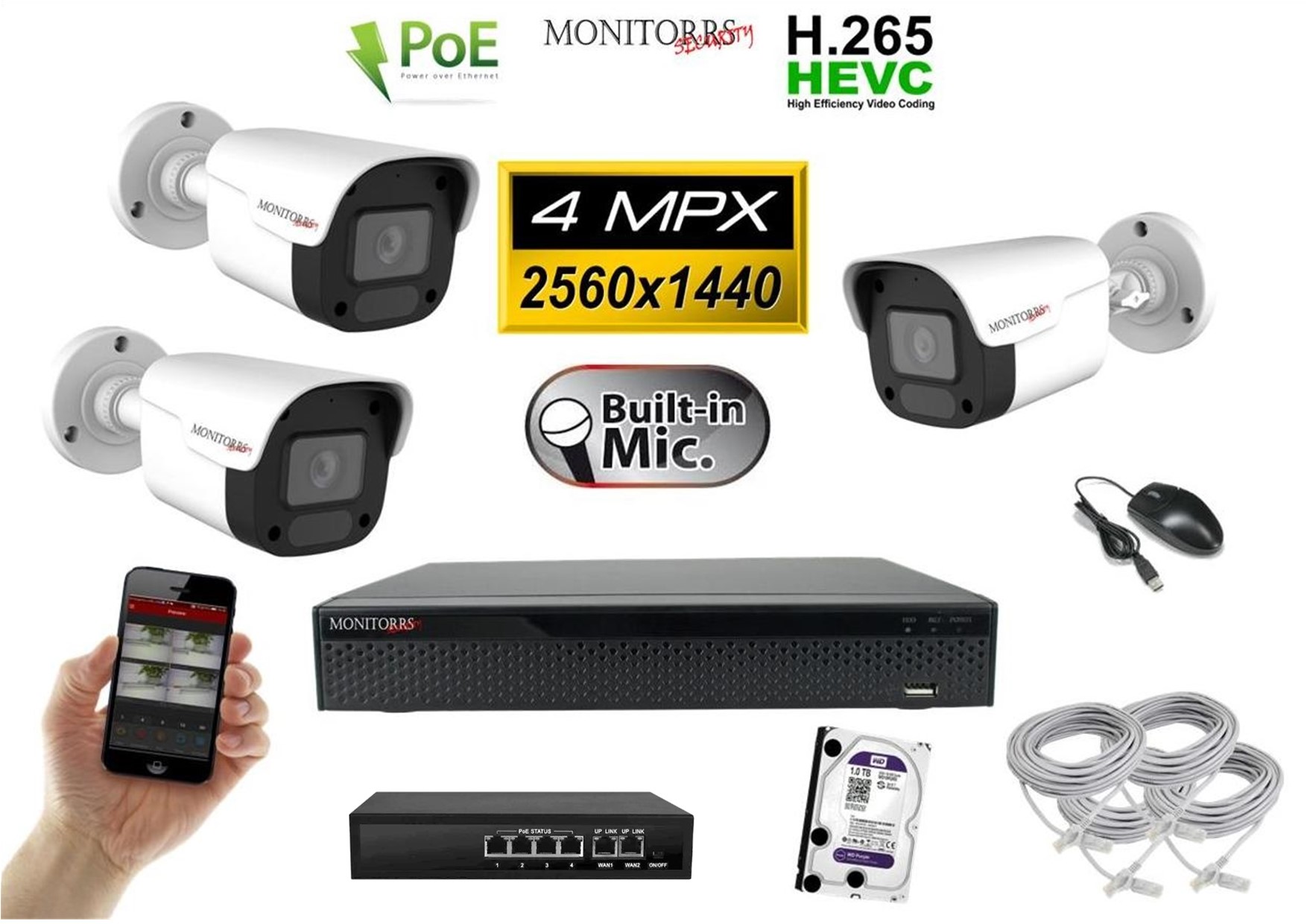 MS IP 3 kamerový set so switchom 4 Mpix WTube Plast (6024K3B)