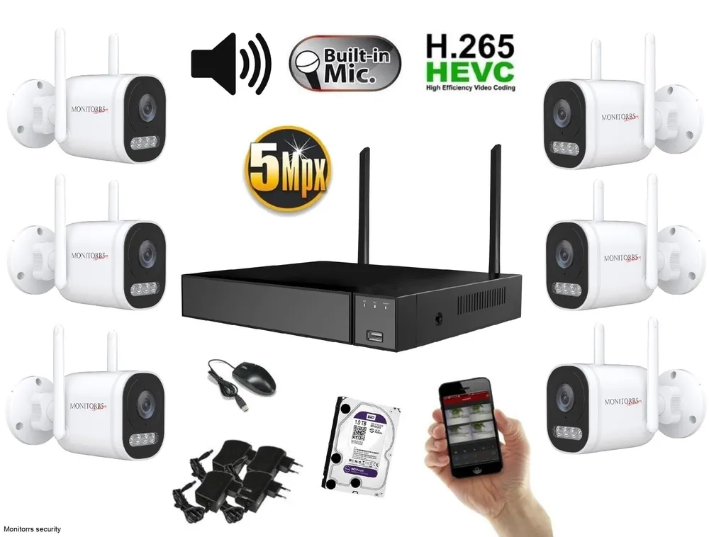 Monitorrs Security Wifi IP 6 kamerový set 5 mpix, aktív (6123k6)