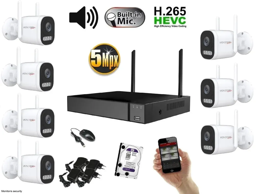 Monitorrs Security Wifi IP 7 kamerový set 5 mpix, aktív (6123k7)