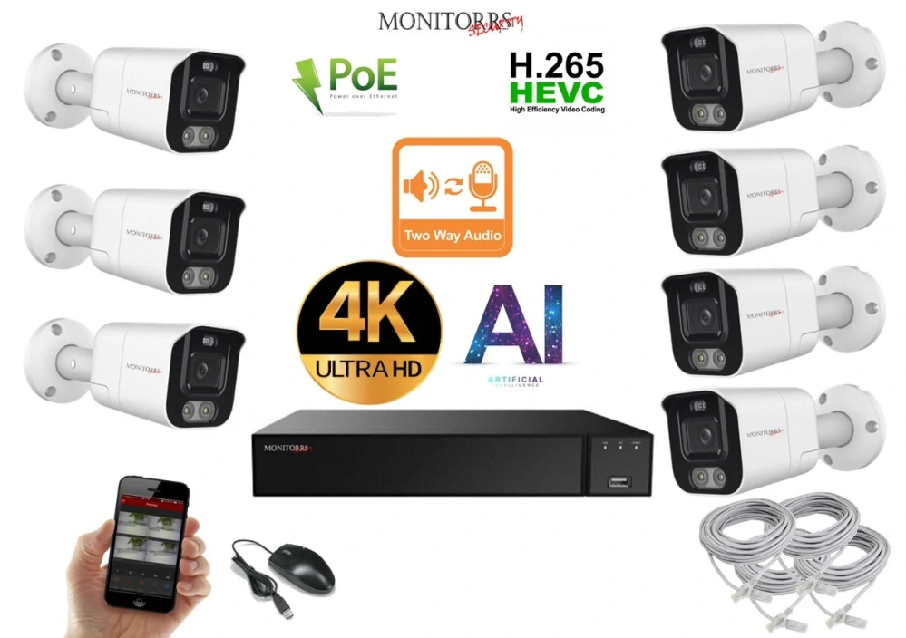 Monitorrs Security AI Aktív IP 7 kamerový set 8 Mpix WTube (6079K7)