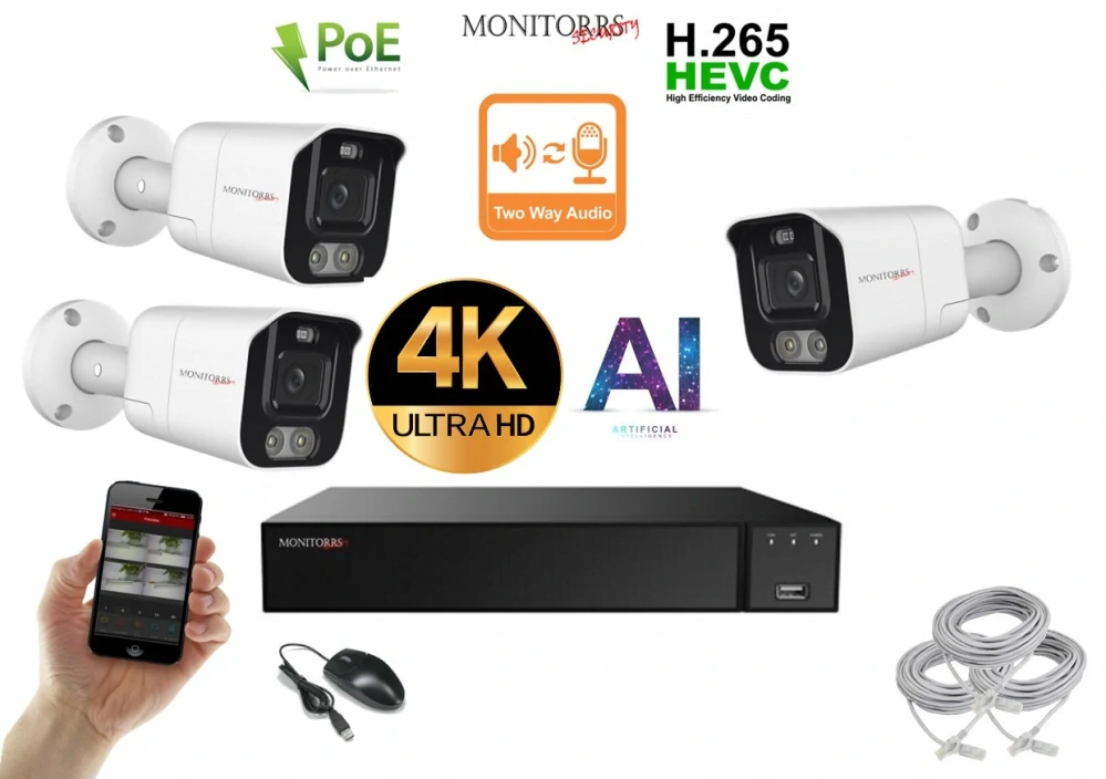 Monitorrs Security AI Aktív IP 3 kamerový set 8 Mpix WTube (6078K3)
