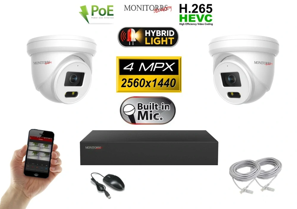 Monitorrs Security IP kamerový set 2× 4 Mpx PoE Dome – Hybrid Light (6032K2)