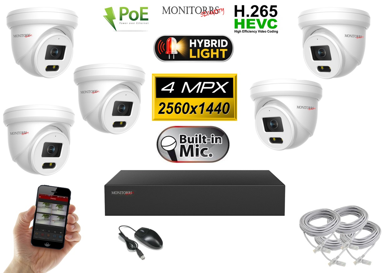 Monitorrs Security IP kamerový set 5 × 4 Mpx PoE Dome – Hybrid Light (6032K5)