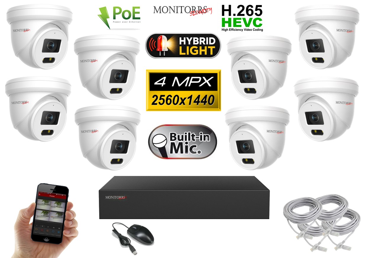 Monitorrs Security IP kamerový set 8 × 4 Mpx PoE Dome – Hybrid Light (6032K8)