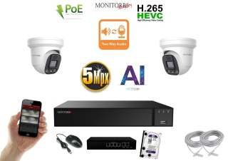 Monitorrs Security AI Aktív IP 2 kamerový set so switchom 5 Mpix WDome (6077K2B)