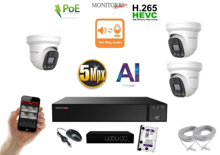 Monitorrs Security AI Aktív IP 3 kamerový set so switchom 5 Mpix WDome (6077K3B)