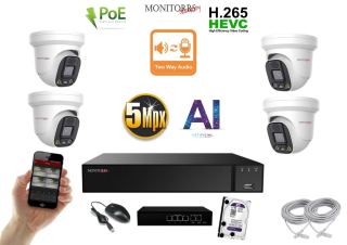 Monitorrs Security AI Aktív IP 4 kamerový set so switchom 5 Mpix WDome (6077K4B)