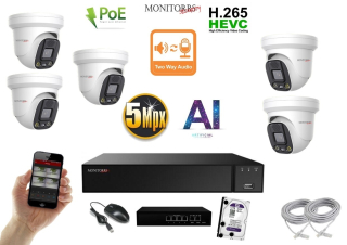Monitorrs Security AI Aktív IP 5 kamerový set so switchom 5 Mpix WDome (6077K5B)