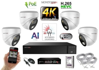 MS AI Hybrid Light IP 4 kamerový set so switchom 8 Mpix WDome (6481K4B)